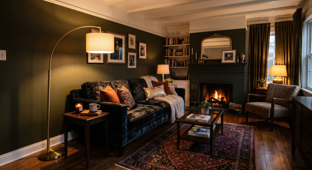 A luxurious living room displaying a crushed black velvet sofa catching warm light from a floor lamp.