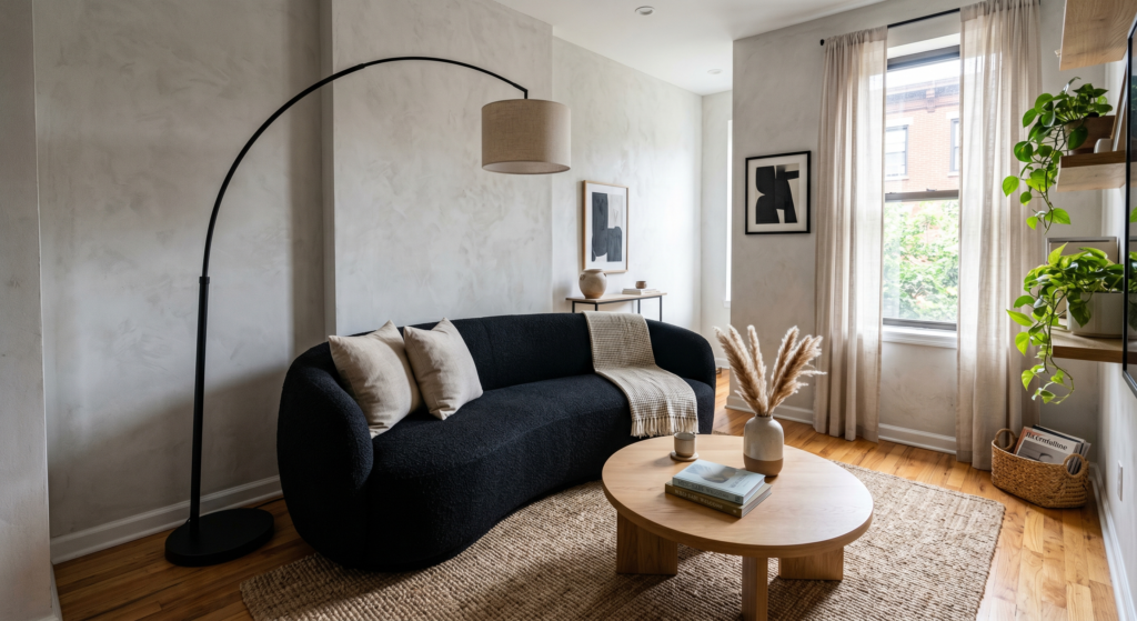 An organic curved black boucle sofa styled in a modern living room with a tall black arch floor lamp.