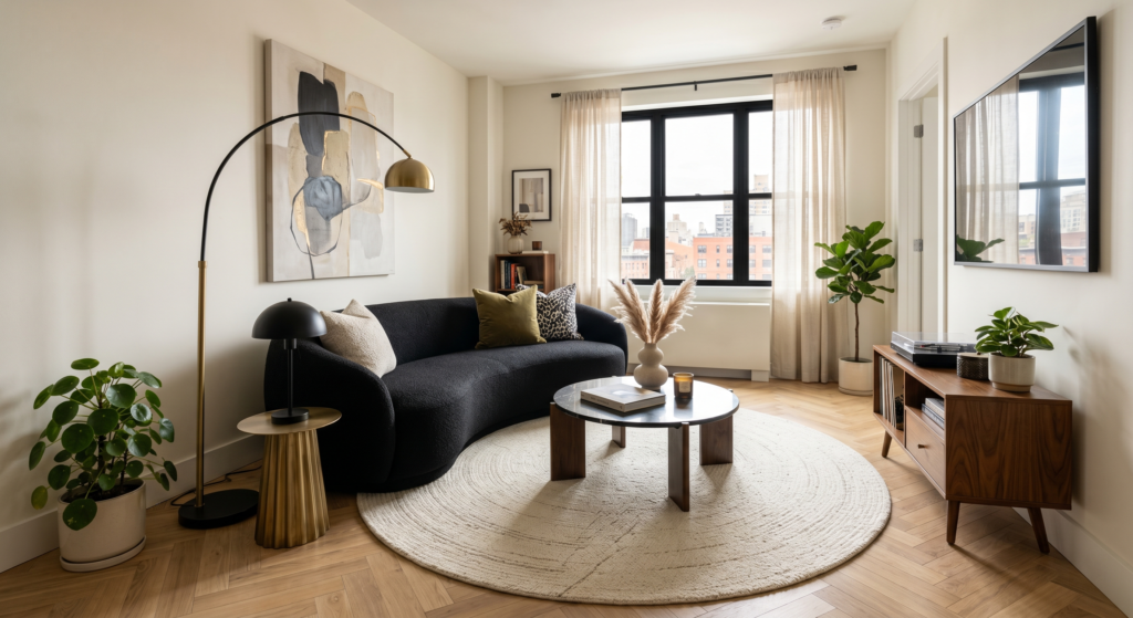 An elegant modern living room showcasing a sculptural black crescent sofa on a circular cream area rug.