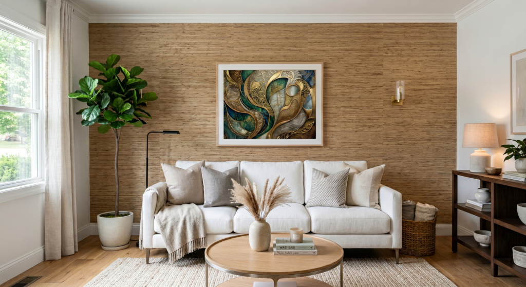 Two structured navy blue linen accent pillows placed on the outer corners of a long white contemporary couch.