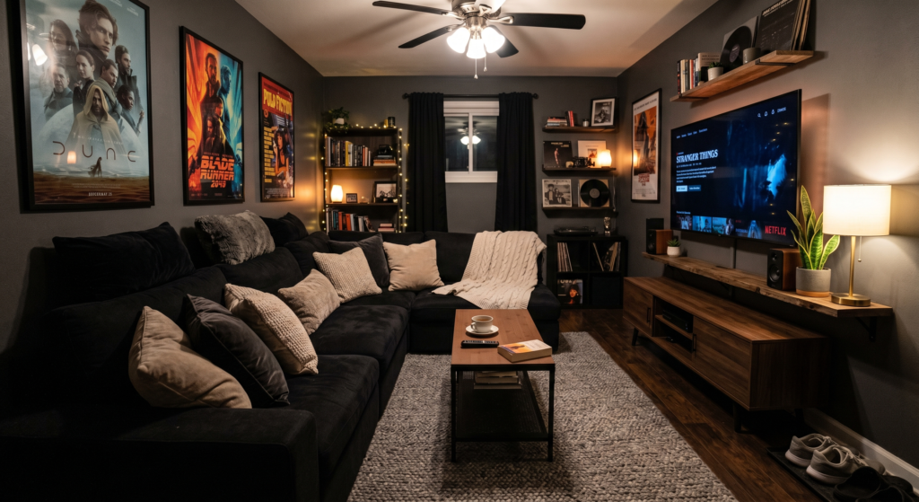 A relaxed media den featuring a low profile deep seat black modular sofa filled with plump cushions.