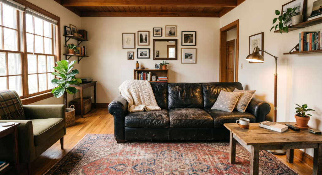 A warm, inviting living room featuring a worn-in distressed black leather sofa on a faded vintage rug.