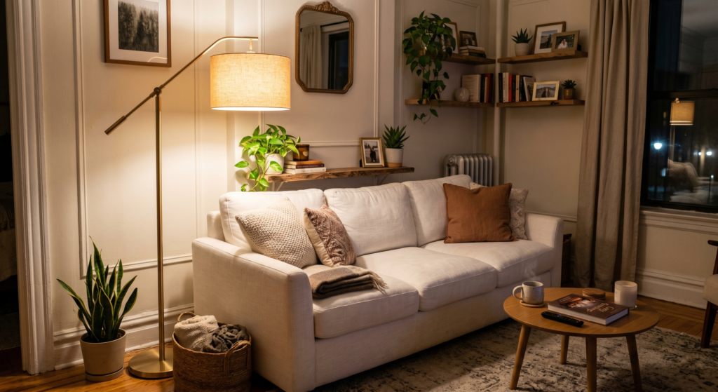 A distressed vintage rug with faded blue and red tones anchoring a clean white contemporary living room sofa.