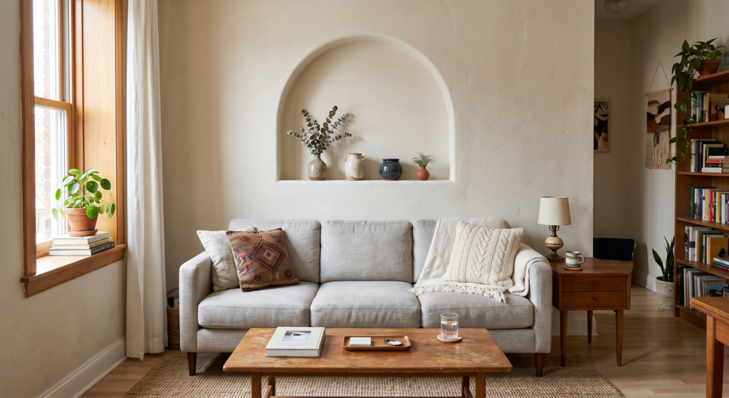 A beautiful arched wall niche cut into drywall holding small ceramic vases above a couch.