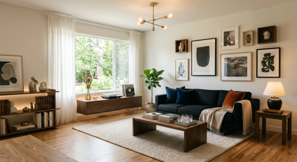 A minimalist living room showcasing a sleek black sofa that appears to float above a cream rug.