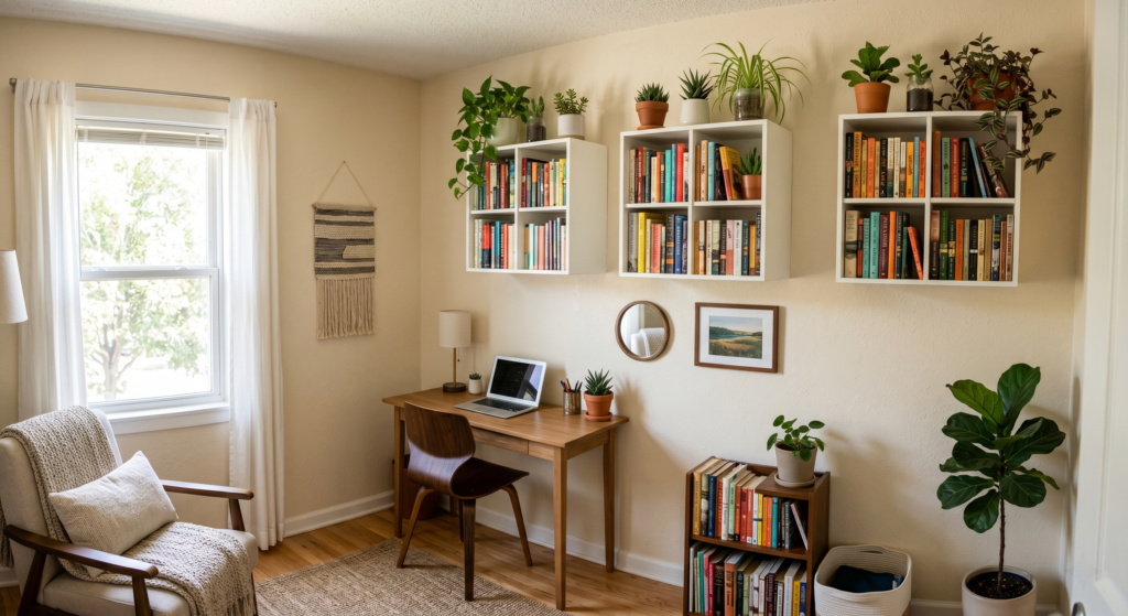 White floating cube bookshelves mounted high on a wall holding books and small green plants.