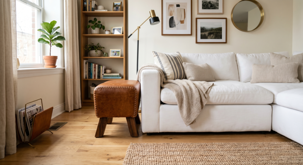 Rich dark walnut floating shelves mounted above a modern white sofa, displaying ceramic pottery and framed art pieces.