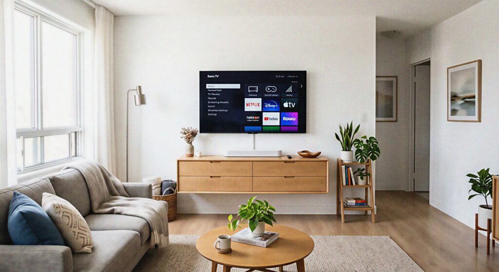 A light oak floating media console mounted on a white wall under a flat screen TV in a bright small room.