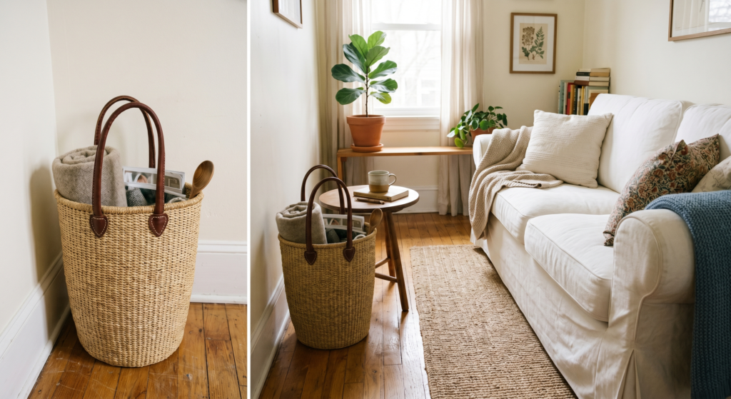 An oversized framed woven jute wall art panel hanging centered above a plush white fabric living room sofa.