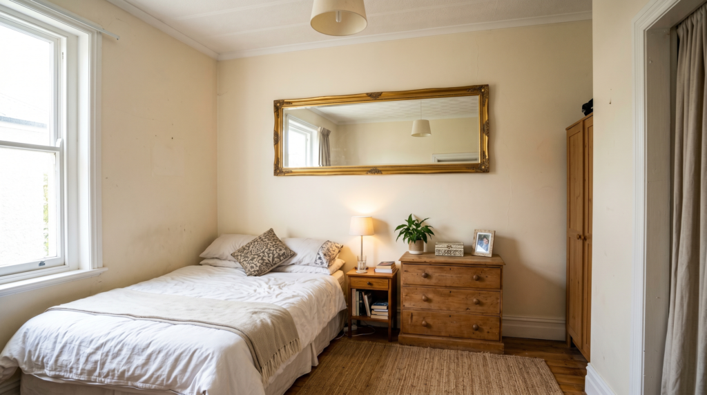 A long horizontal gold framed mirror mounted high on a cream wall reflecting light and ceiling.
