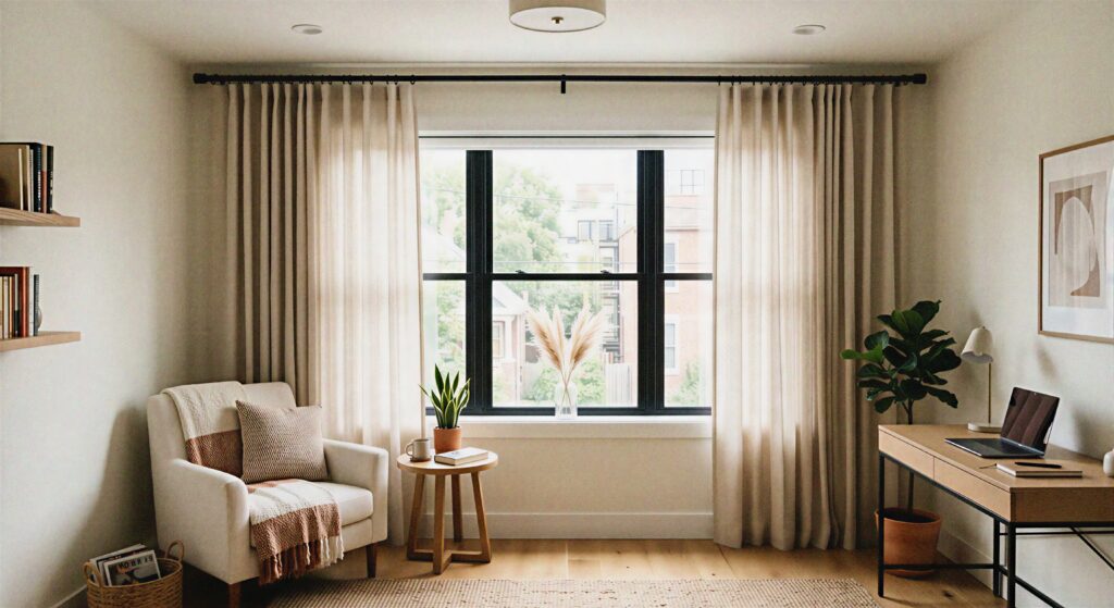 Light beige linen curtains hung high near the ceiling flanking a window in a small modern room.