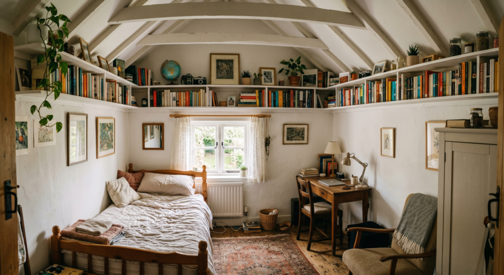 A white painted shelf mounted high near the ceiling wrapping around a small cozy room.