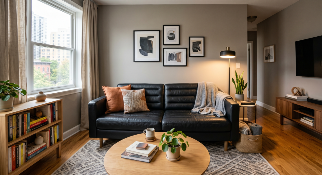 A contemporary living room showing a sleek black leather sofa with long horizontal channel tufting rows.