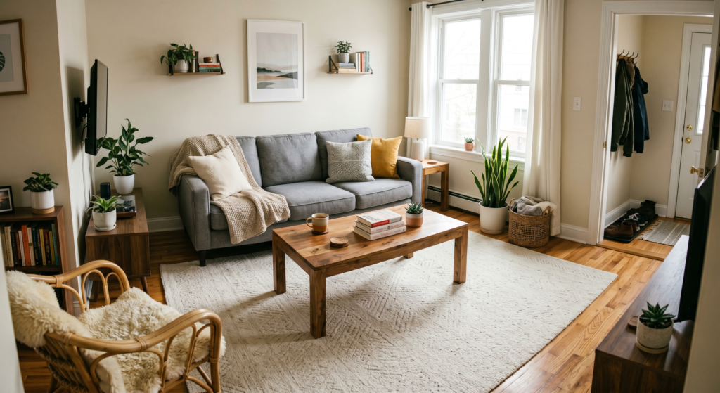 A large low pile cream area rug grounding a gray sofa and wood coffee table setup.