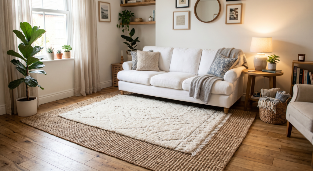 A large natural braided jute rug placed underneath a white sofa, anchored by a smaller soft wool rug on top.