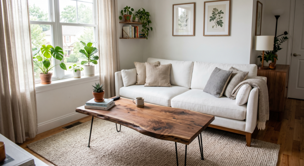 A beautiful live-edge walnut wood coffee table resting in front of a modern white fabric sofa on a neutral wool rug.