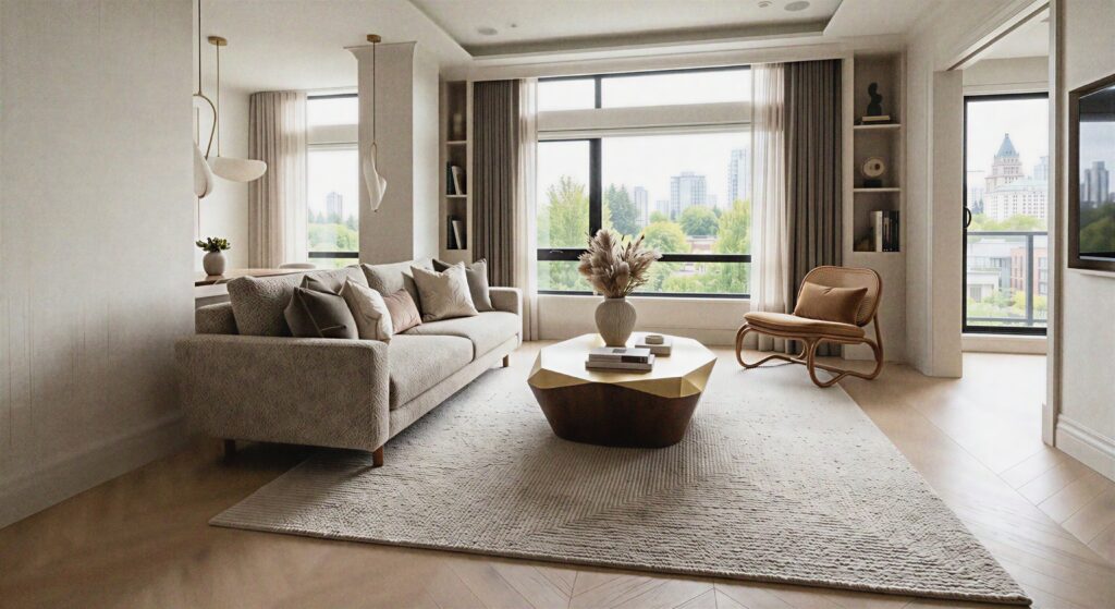 Premium modern living room featuring warm neutral interiors, luxury textured sofa, and intricate geometric wood parquet flooring border for 2026 home upgrade.