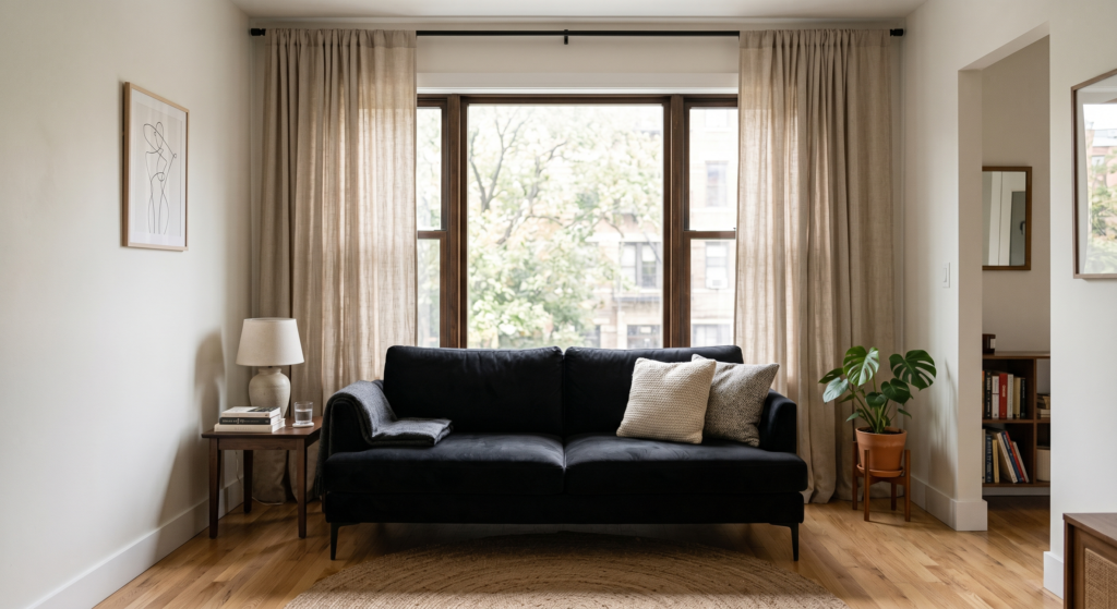 A sleek low profile black velvet couch positioned in front of a large window with high hung neutral curtains.