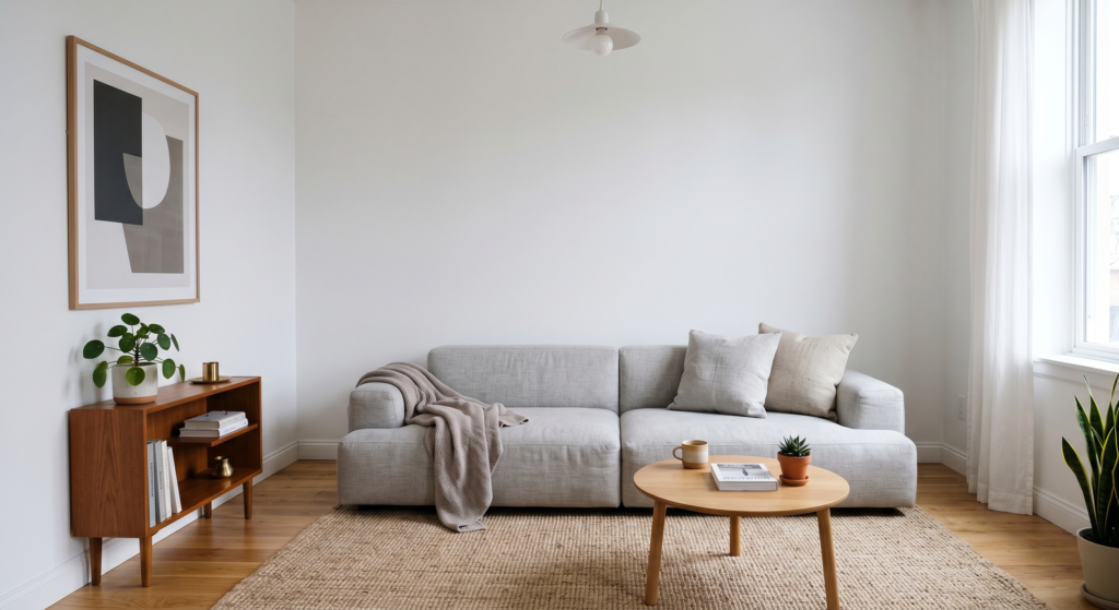 A low profile light gray linen sofa sitting flat in a minimalist room with high white walls.