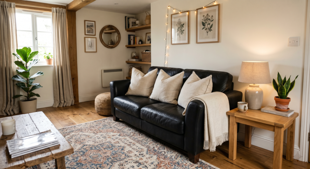 A cozy living room featuring a matte black leather sofa styled with oversized cream linen pillows and a light oak side table.
