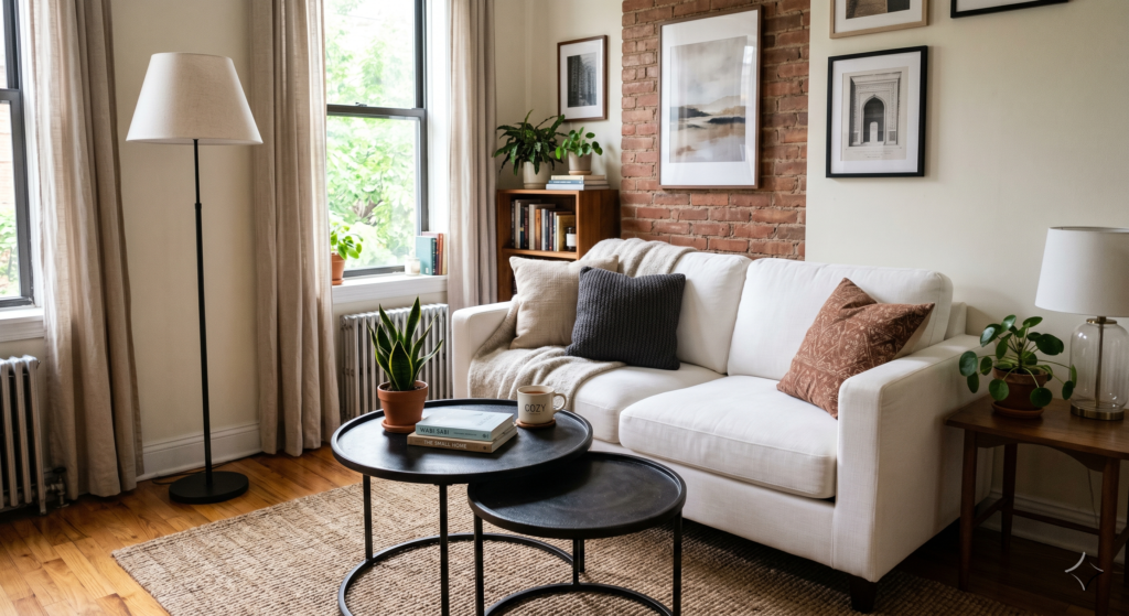 A slender matte black iron floor lamp and dark metal nesting coffee tables providing a crisp frame around a white sofa.