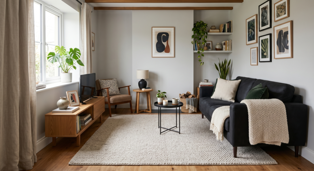 A contemporary living room featuring a matte black nubuck leather sofa styled with a light hand woven wool rug.