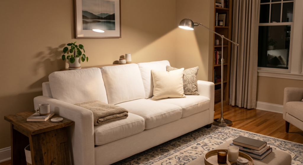 A low solid matte black wood block coffee table centered in front of a contemporary white living room couch.