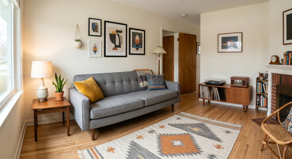 A gray mid century modern sofa with tall tapered wooden legs sitting on a light oak floor.