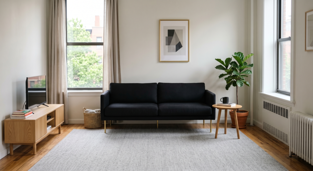 A minimalist black couch with high slim brass legs resting on a light gray flat weave area rug.