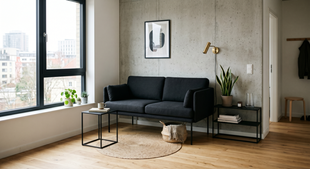 A modern minimalist apartment displaying a sleek black sofa lifted high on thin black metal stilt legs.