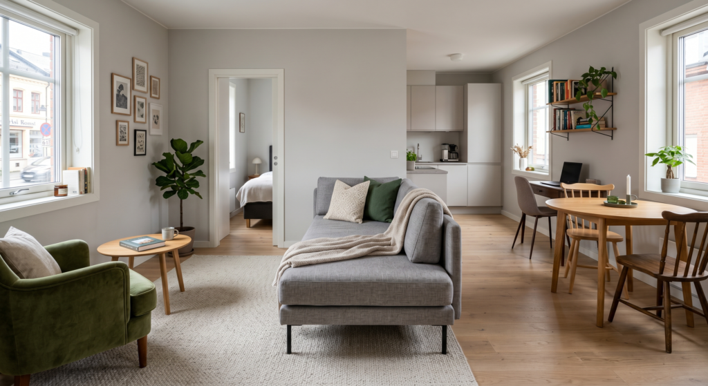 A sleek gray fabric backless daybed sitting perfectly as a divider between two open living zones.