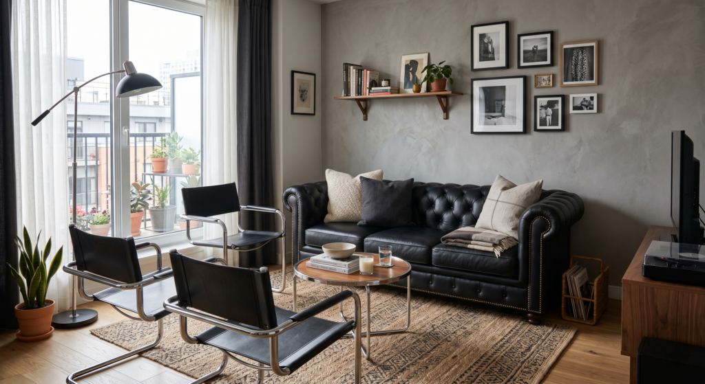 A modern living room displaying a classic black tufted Chesterfield sofa paired with sleek chrome side chairs.
