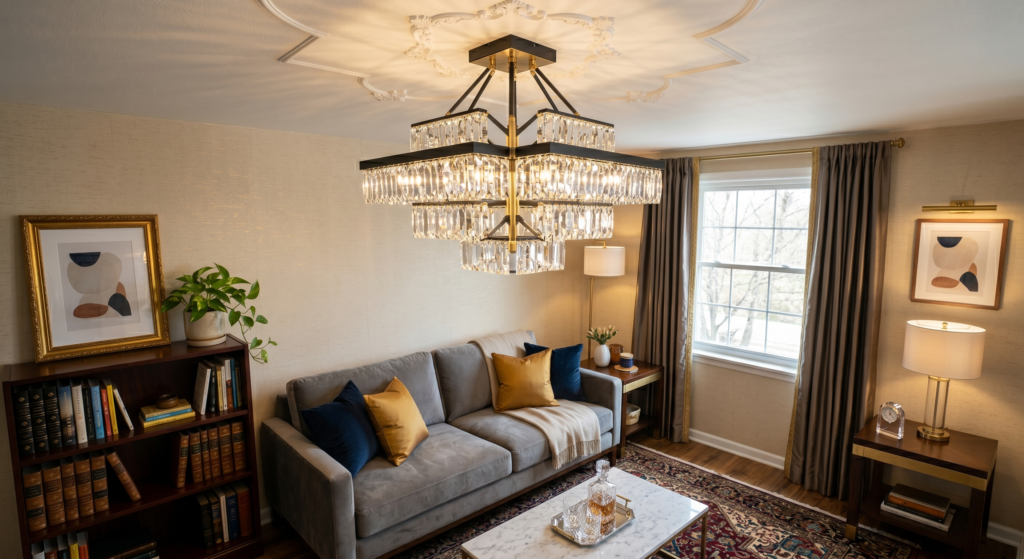 A brushed brass semi flush mount light fixture with clear glass globes fixed close to a white ceiling.