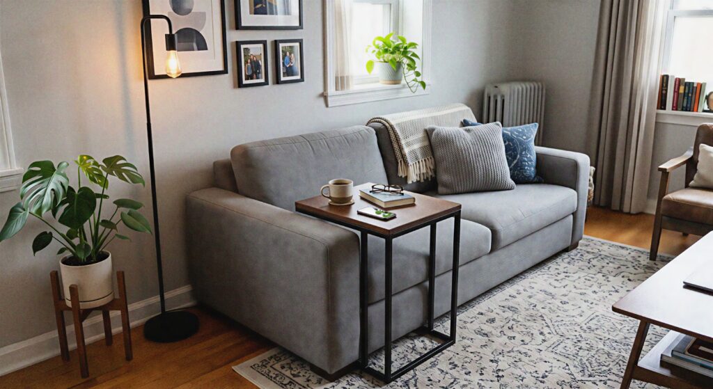 A dark metal and walnut C-shaped side table sliding neatly over the arm of a gray fabric sofa.