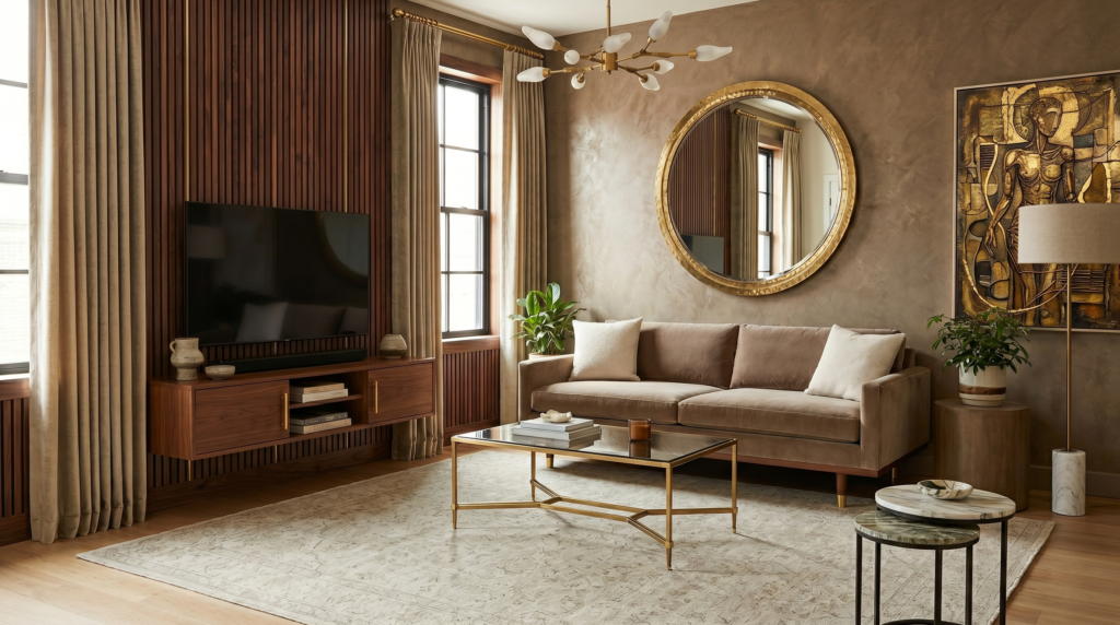 A contemporary living room featuring a plush taupe velvet sofa, a large textured wall panel, and a circular gold mirror above it.This long, descriptive sentence clearly outlines the scene, textures, and colors to maximize visual accessibility and search keyword integration without stuffing.