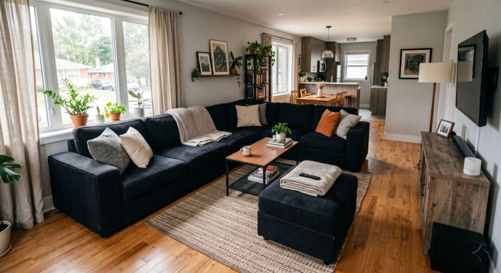 A large modular black sectional sofa arranged in an open concept living room with a movable ottoman.