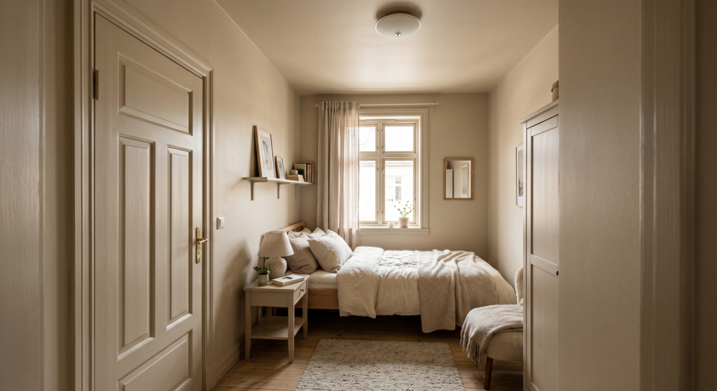 A small room painted entirely in a warm soft beige color on the walls trim and doors.