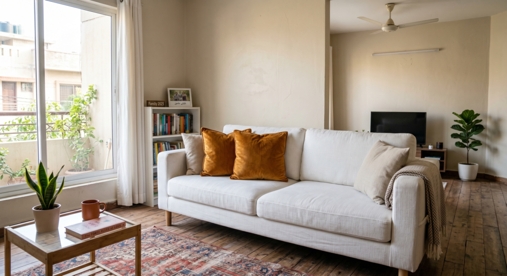 A large muted slate blue wool rug anchoring a clean white sofa in a sunlit modern living room.