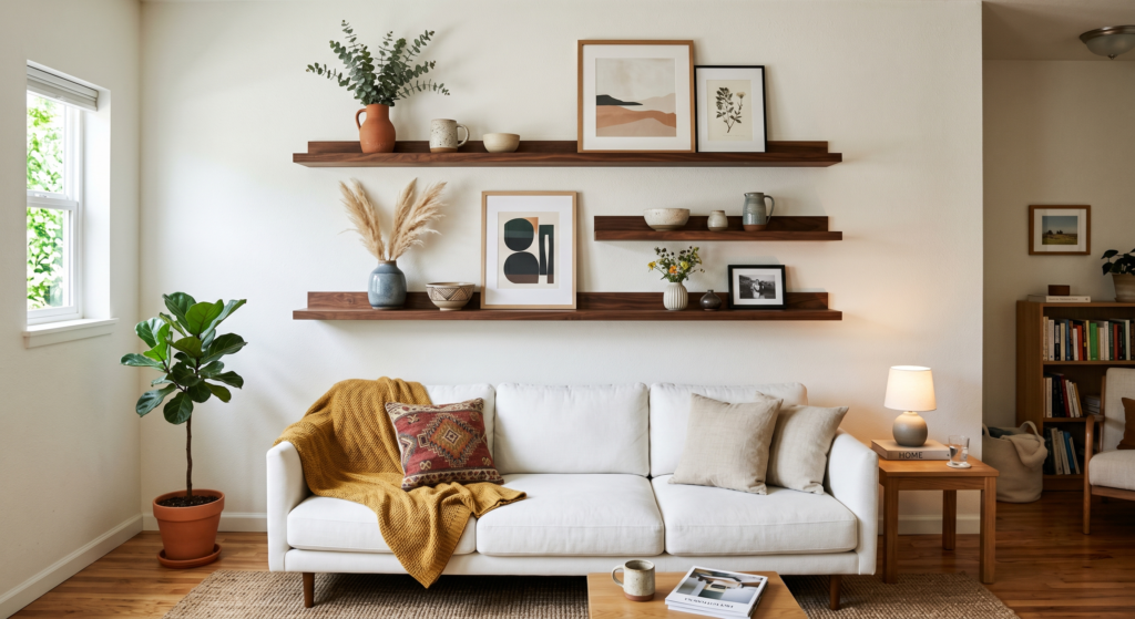Soft oatmeal-colored linen drapery panels framing a large window next to a comfortable white living room couch.