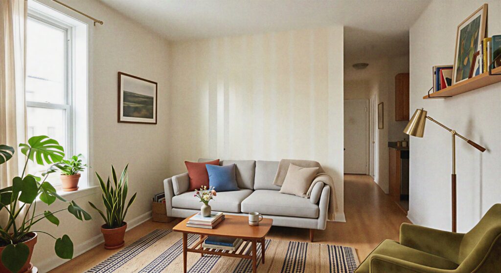 Subtle matte and satin cream vertical painted stripes on a high small living room accent wall.