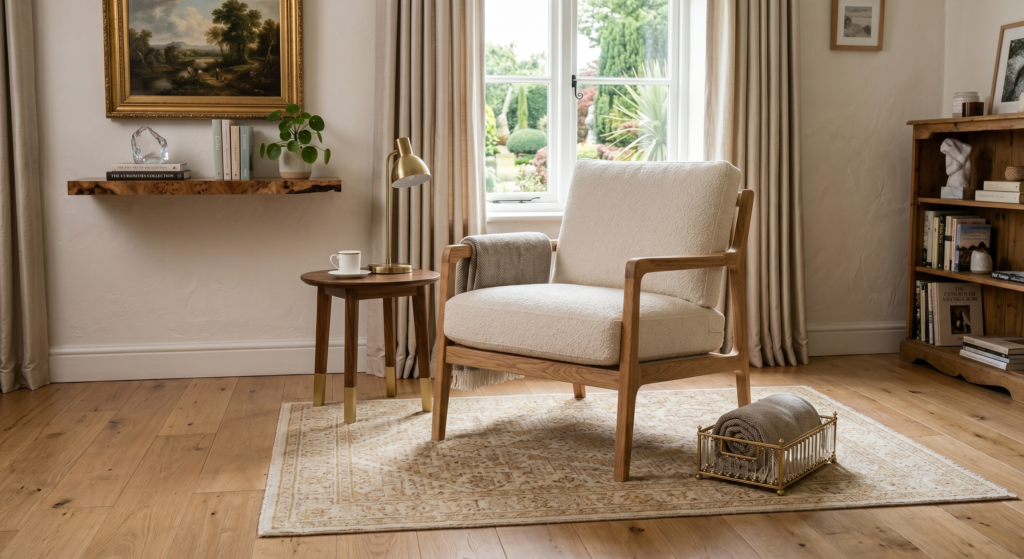 An open frame oak armchair with cream linen cushions sitting on a light wood floor.