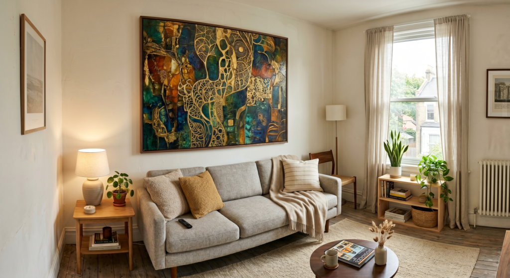 A massive minimalist abstract canvas painting with beige and white tones hanging above a sofa.