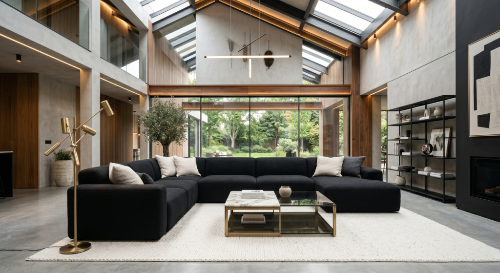A spacious high ceiling living room featuring a massive blocky black boucle monolithic sofa on a white rug.