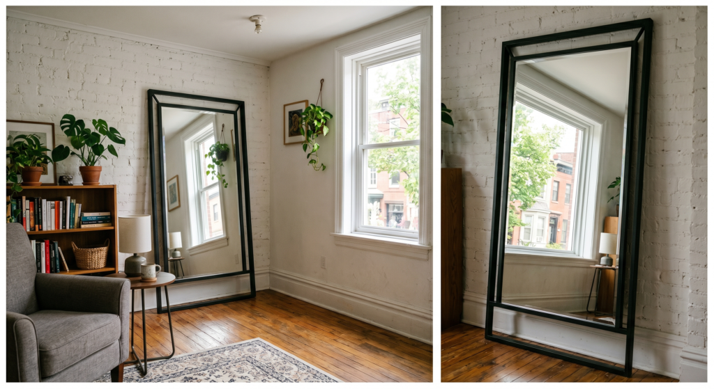 A large black framed floor mirror leaning against a white wall reflecting a bright window scene.