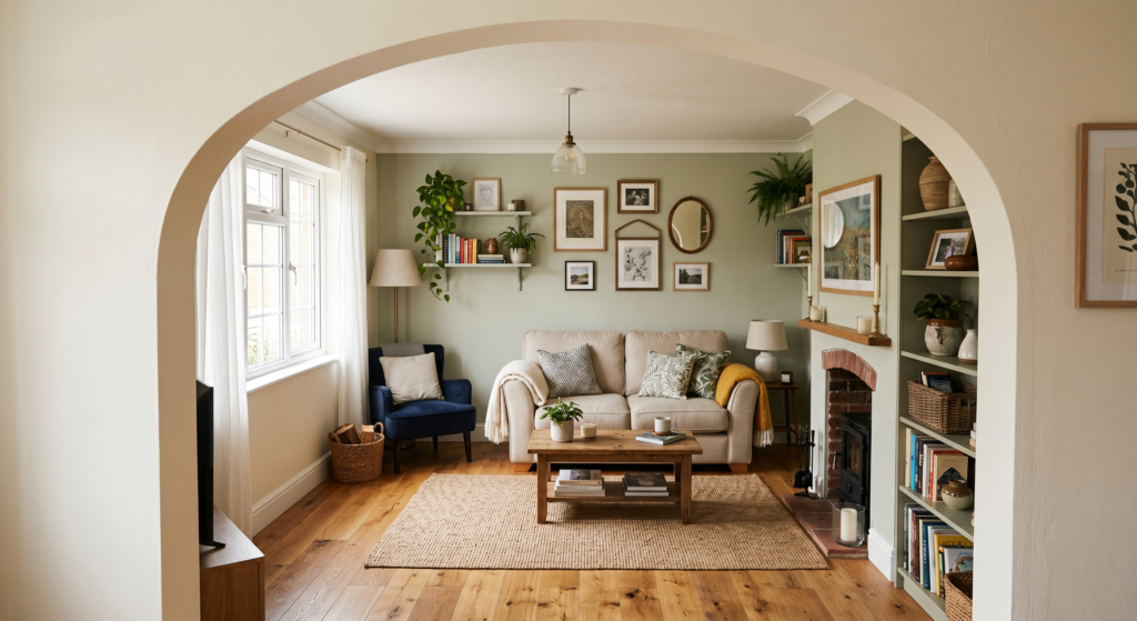 A soft cream painted drywall archway leading into a bright cozy small living room space.