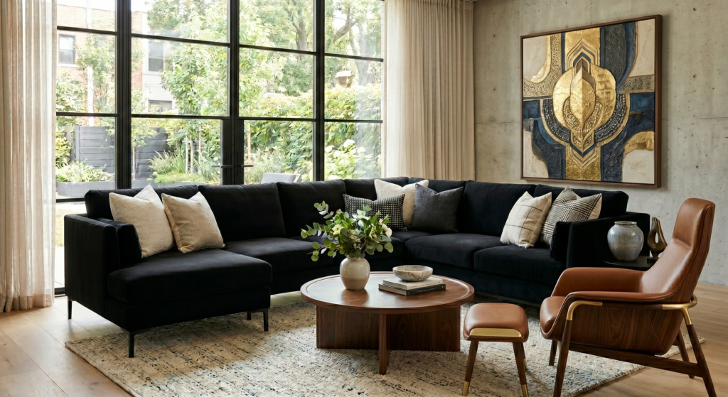 A high-definition photograph of a premium, modern living room interior featuring a large black velvet L-shaped sectional sofa with assorted pillows, a round walnut coffee table, a brown leather lounge chair with ottoman, and a geometric gold and navy blue framed wall art, set against large floor-to-ceiling windows showing a garden view.