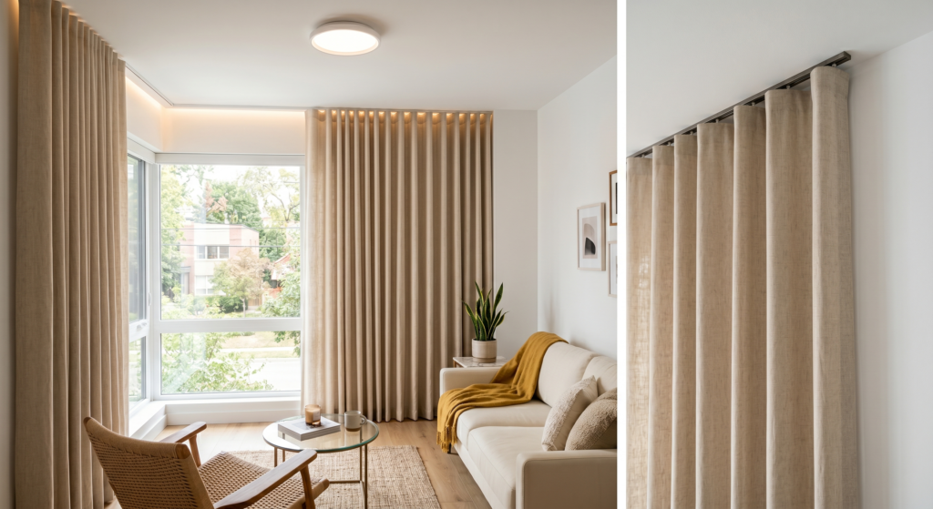 A seamless recessed ceiling curtain track holding long beige drapery panels flush against a white wall.