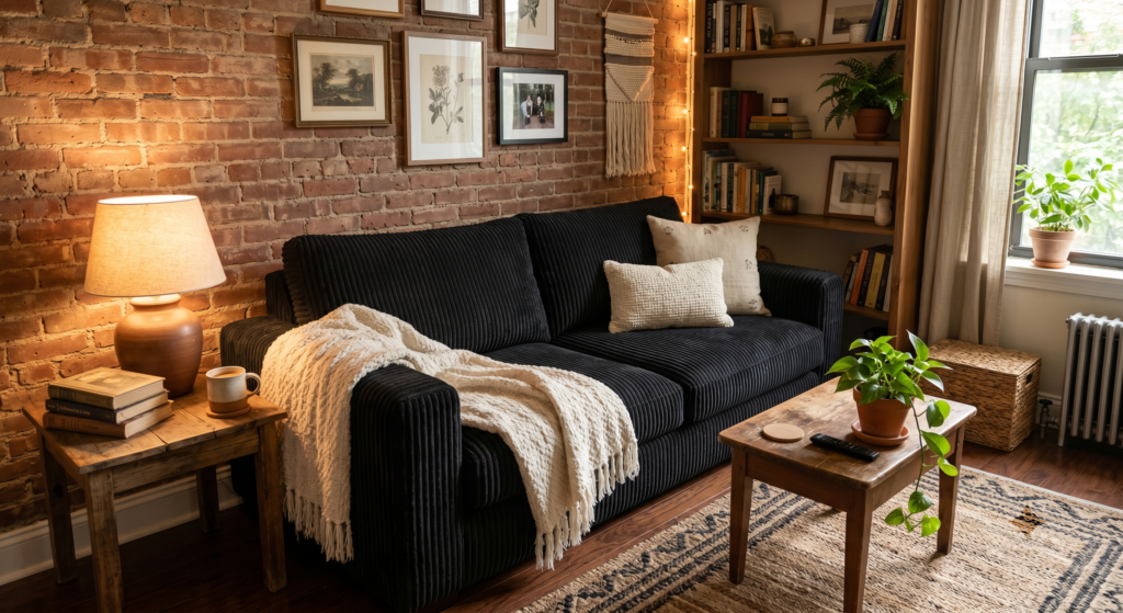 A cozy den featuring a thick ribbed black corduroy sofa styled with a cream woven throw blanket.