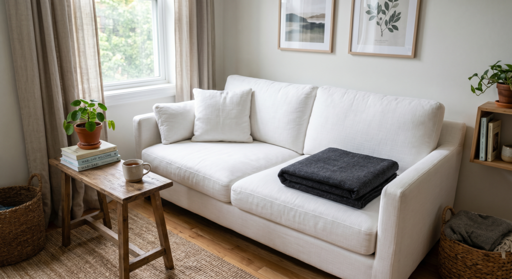 A large round cream-colored ceramic coffee table sitting centered in front of a long, comfortable white fabric sofa.