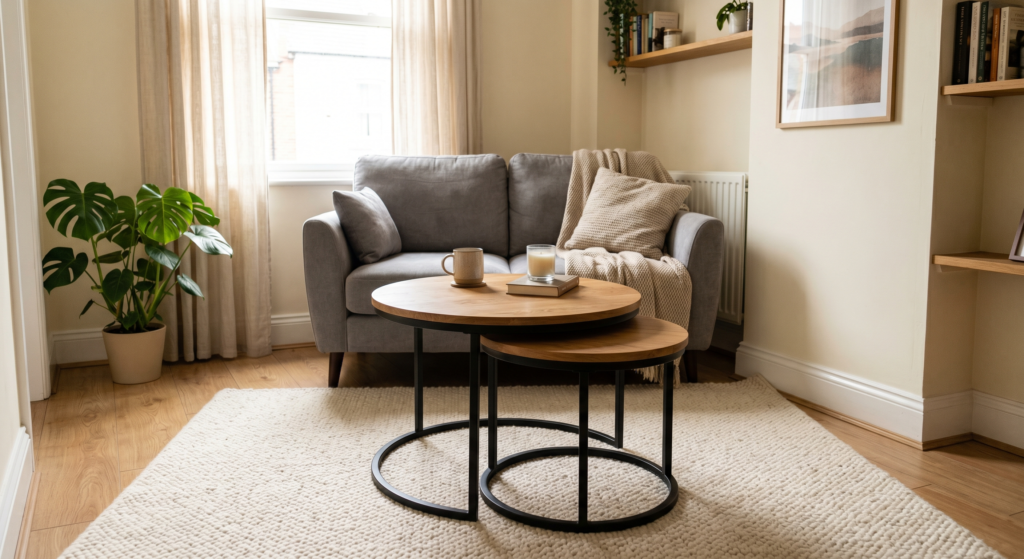 Two round nesting tables with wood and black metal finishes stacked together on a cream rug.